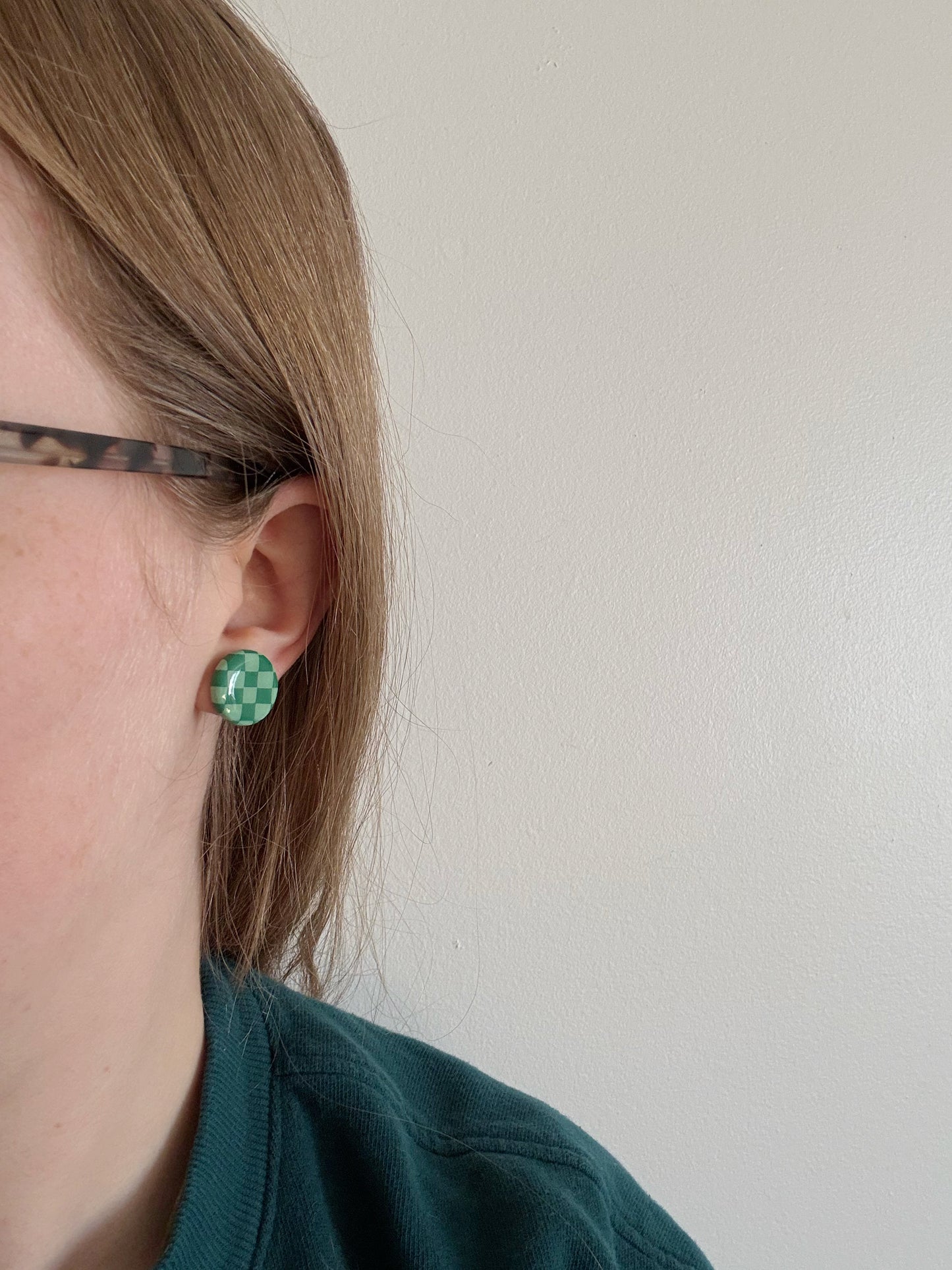 Checkered Green Circle Studs