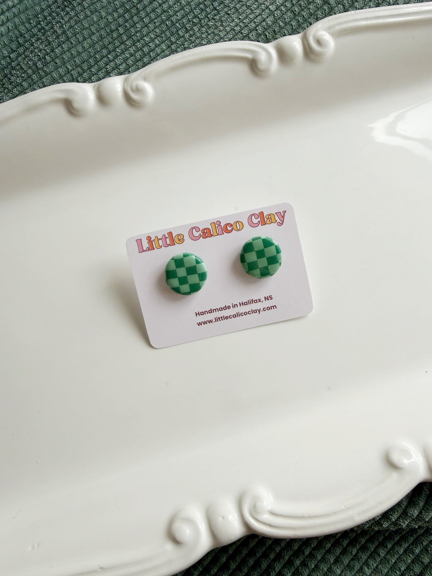 Checkered Green Circle Studs