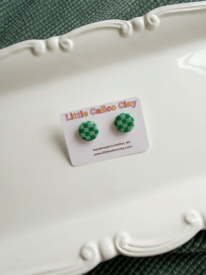 Checkered Green Circle Studs