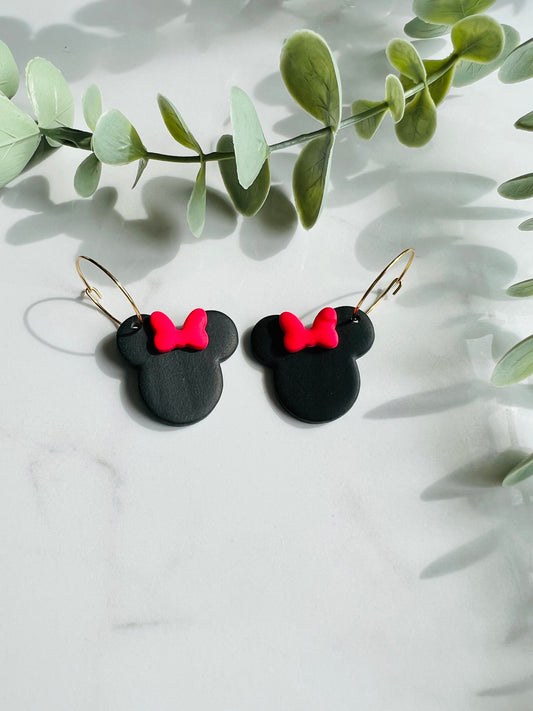 Cartoon Mouse Hoop Earrings | Red Bow