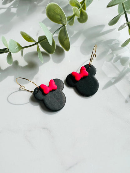 Cartoon Mouse Hoop Earrings | Red Bow